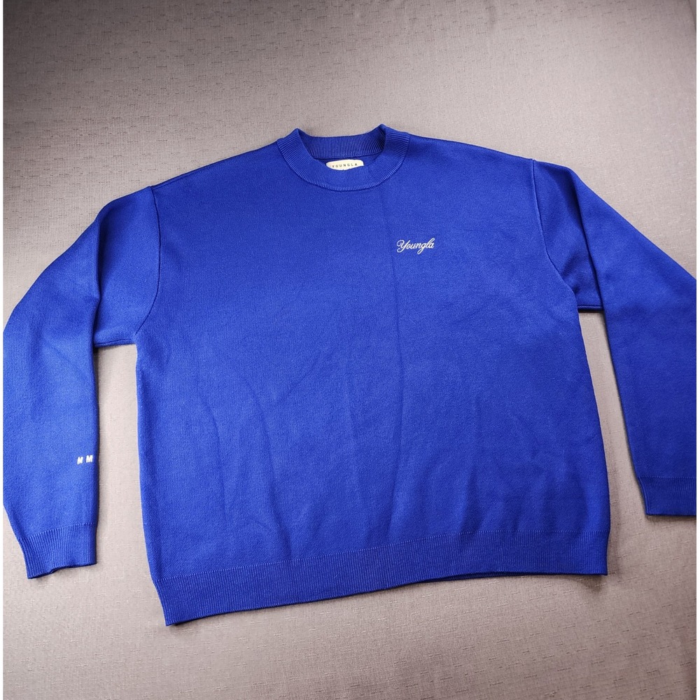 YoungLA Mens Royal Blue Knit Sweater Streetwear Crewneck YLA2096 Small